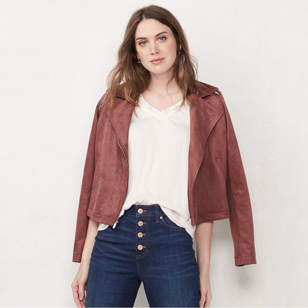 LC Lauren Conrad | NWT Faux Soft Suede Moto Jacket Coat Crop Rose Chic, XXL